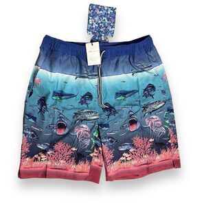 Peter Millar Trunks Men L Blue Shark Swim Nautical Ocean Fish Island Boat Beach